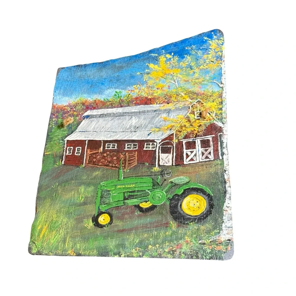 Judy Talbott Hand Painted Slate Art John Deere Tractor Red Barn Farm Scene 2016